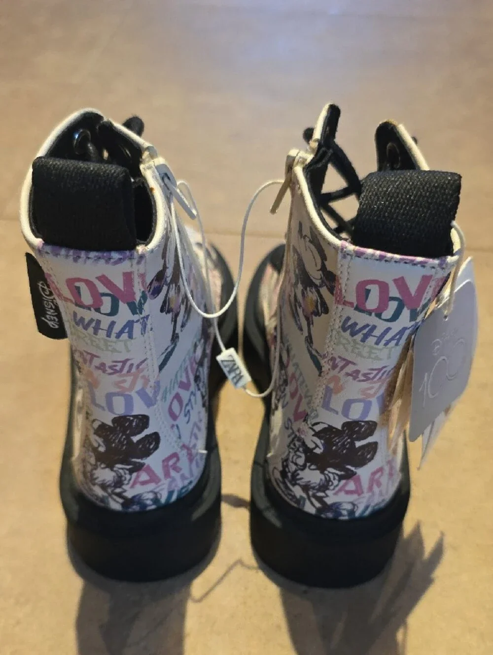 Zara Kids Disney Mickey MouseWhite Graphic Lace-Up Combat Boots with Black Soles